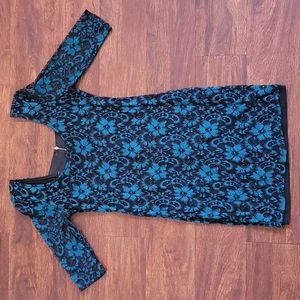 Fitted material girl dress,  sleeves, blue/black lace, Size Large